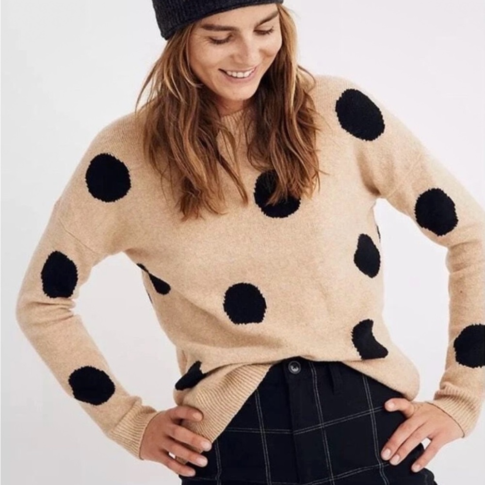 NWOT Madewell Dot Graystone Long Sleeve Pullover Sweater in Tan & Black M